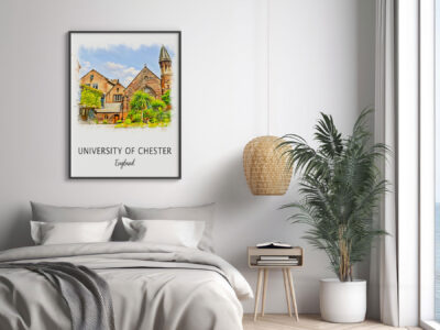 Bedroom decor with University of Chester poster.