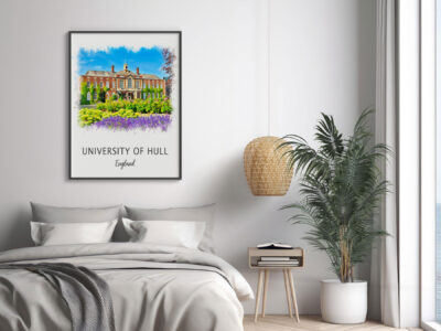 University of Hull England framed artwork in bedroom.