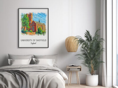 Bedroom with University of Sheffield poster decor