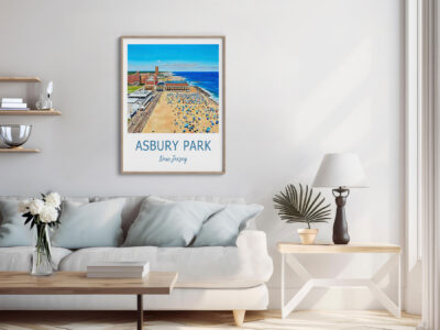 Living room with Asbury Park poster on wall.