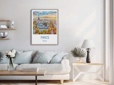 Living room with Paris wall art and modern decor.
