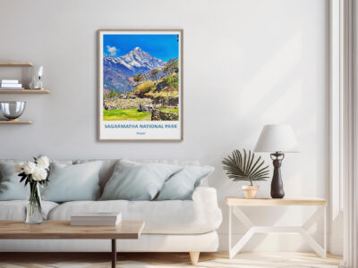 Interior with Sagarmatha National Park poster on wall.