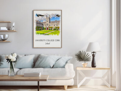 University College Cork poster in modern living room.