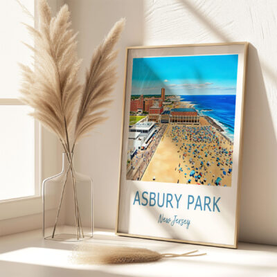 Asbury Park beach poster on sunlit shelf.