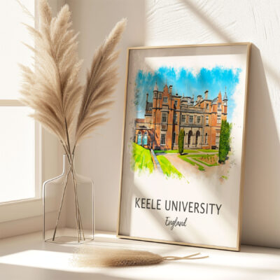 Keele University England watercolor artwork on display.