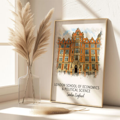 LSE building illustration framed on sunny windowsill.