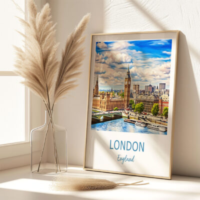 Framed London poster beside vase with pampas grass.