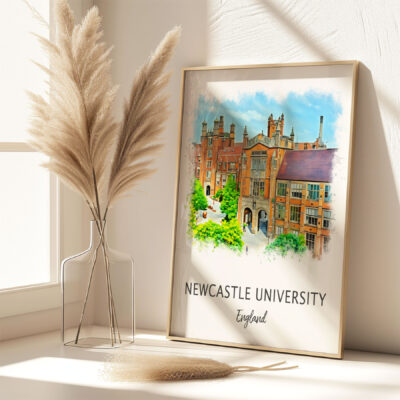 Framed Newcastle University artwork on sunny windowsill.