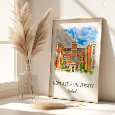 Framed Newcastle University poster, pampas grass vase nearby.