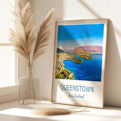 Framed Queenstown, New Zealand poster on shelf.