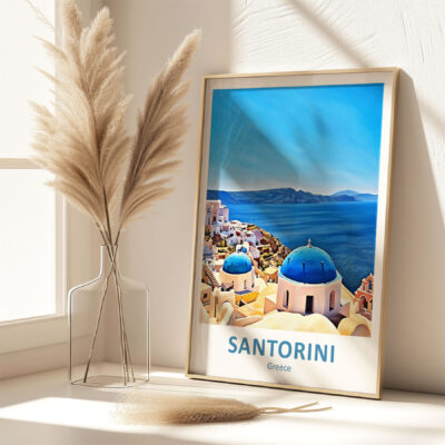 Santorini poster with vase and feather decor