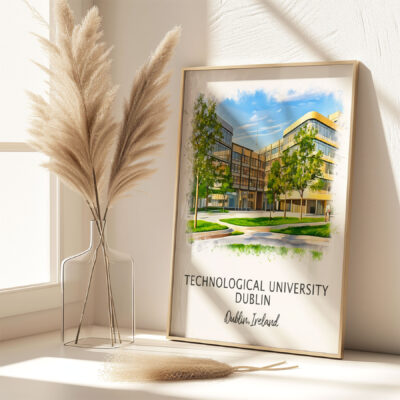 Framed illustration of Dublin's Technological University in sunlight.