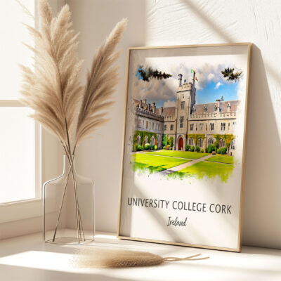 University College Cork poster on sunny windowsill.