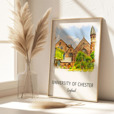 Framed University of Chester artwork on sunny shelf.
