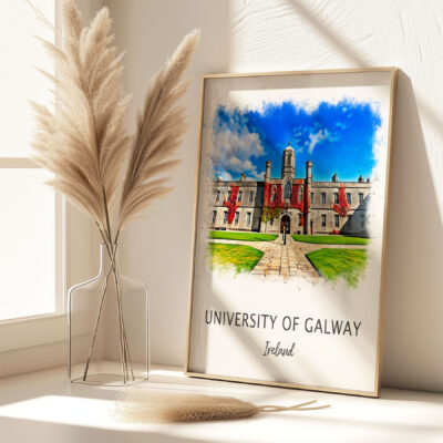 Framed University of Galway poster with pampas grass.