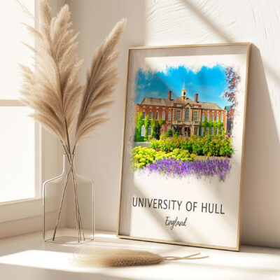 Framed University of Hull England art with pampas grass.