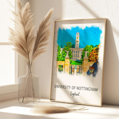 University of Nottingham artwork on sunlit table.
