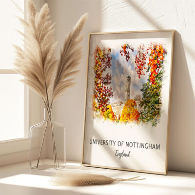 University of Nottingham framed artwork by window.