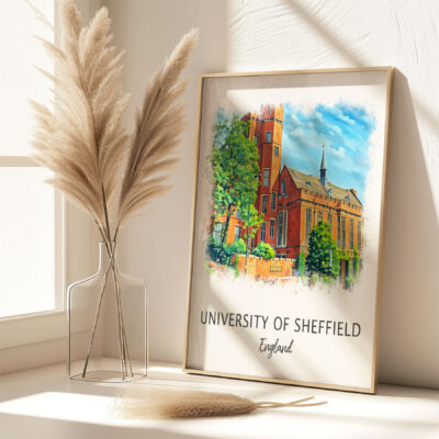 University of Sheffield England framed artwork on table.