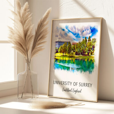 University of Surrey artwork beside decorative vase.