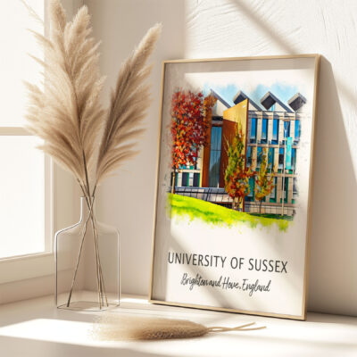 University of Sussex poster on sunlit shelf.