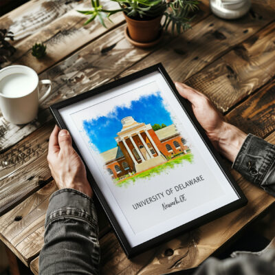 Hands holding University of Delaware framed print.