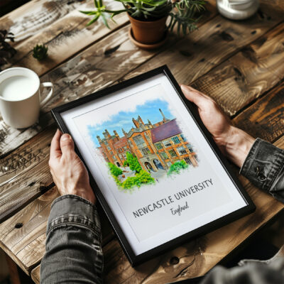 Framed Newcastle University watercolor on wooden table.