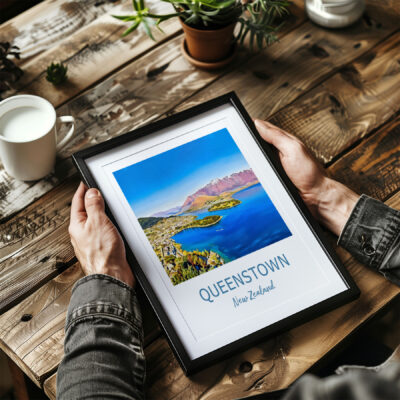 Person holding Queenstown New Zealand framed photo.