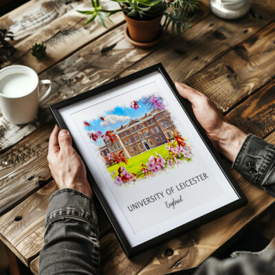 Framed University of Leicester artwork held by person.