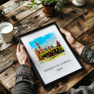 Framed University of Liverpool artwork on wooden table.