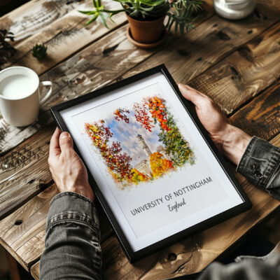 Framed University of Nottingham artwork on wooden table.