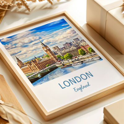 London photo in wooden frame on desk.