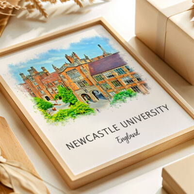Framed watercolor of Newcastle University, England.