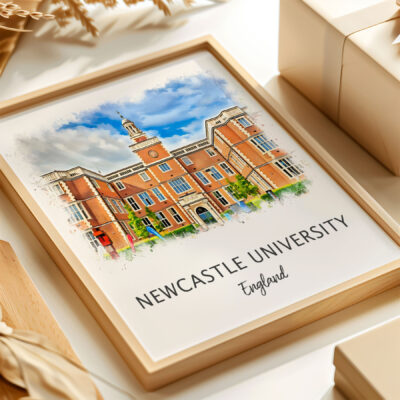 Framed watercolor painting of Newcastle University, England.