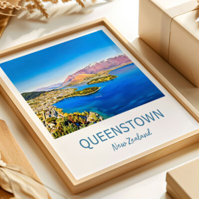 Framed Queenstown, New Zealand landscape print on table.