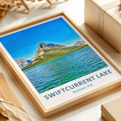 Framed photo of Swiftcurrent Lake, Montana.