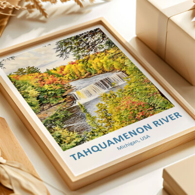 Painting of Tahquamenon River waterfall in autumn.