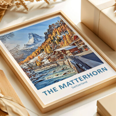 Matterhorn painting in wooden frame, Switzerland scenery