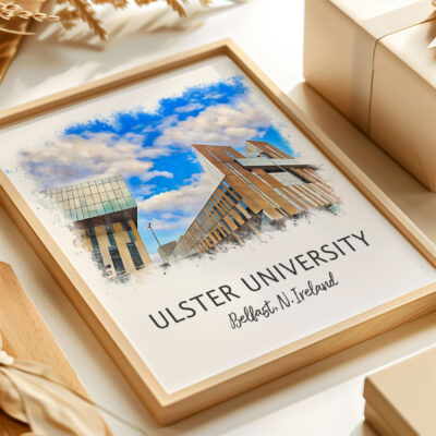 Ulster University Belfast illustration in wooden frame.