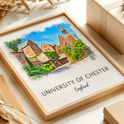 University of Chester watercolor artwork in wooden frame.