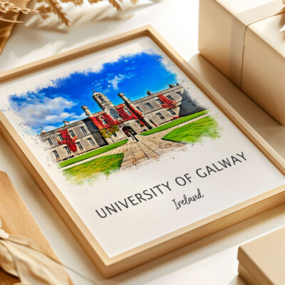 Framed University of Galway campus illustration.