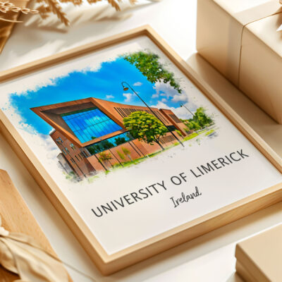 University of Limerick watercolor painting on table.