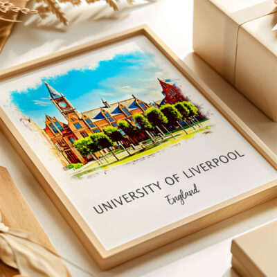 University of Liverpool watercolor art, framed on table.