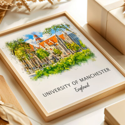 Framed painting of University of Manchester, England.
