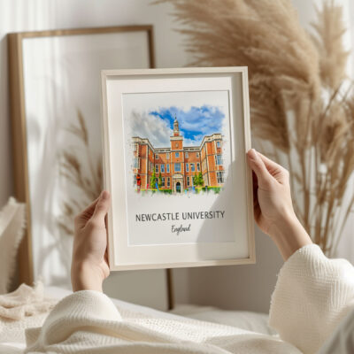 Framed Newcastle University print held indoors.