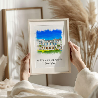 Hands holding Queen Mary University framed artwork.