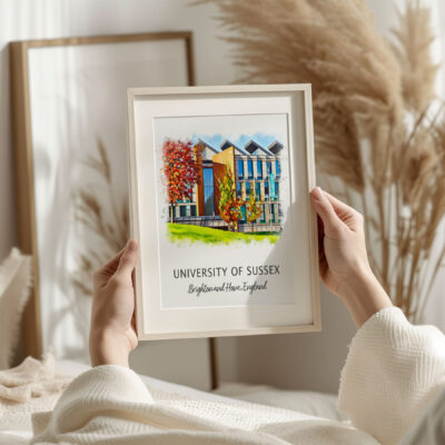 Framed University of Sussex artwork on wall
