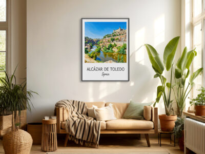 Living room with Toledo Alcázar artwork on wall.