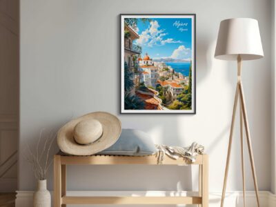 Coastal city wall art in stylish modern room.