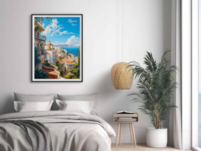 Cozy bedroom with Algiers poster and plants.